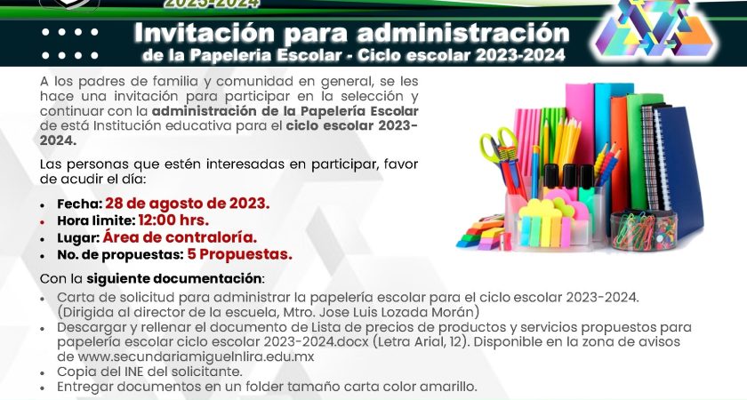 Invitación para administración de la Papeleria Escolar – Ciclo escolar 2023-2024