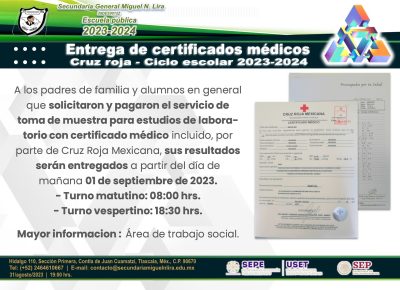Entrega de certificados médicos Cruz Roja Mexicana – Ciclo escolar 2023-2024