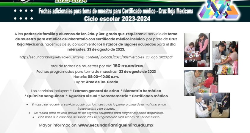 Fechas adicionales para toma de muestra para Certificado médico – Cruz Roja Mexicana – Ciclo escolar 2023-2024