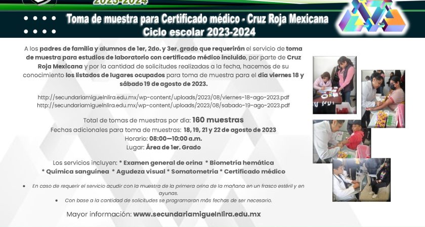 Toma de muestra para Certificado médico – Cruz Roja Mexicana – Ciclo escolar 2023-2024