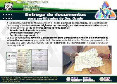 Entrega de documentos para certificados de 3er. Grado Ciclo Escolar 2023-2024