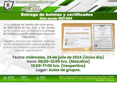 Entrega de boletas y certificados 2023-2024
