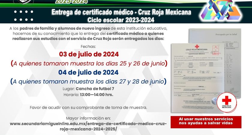 Entrega de certificado médico – Cruz Roja Mexicana 2024-2025