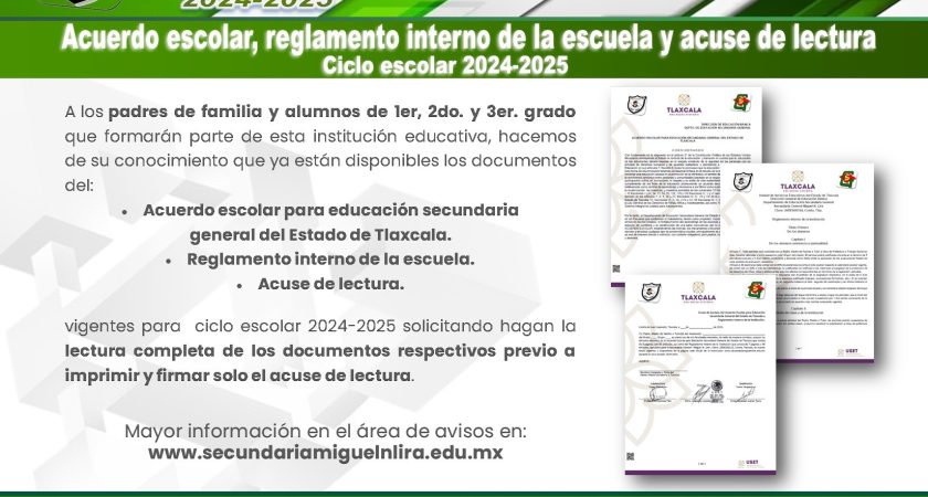 Acuerdo escolar, reglamento interno de la escuela y acuse de lectura – Ciclo escolar 2024-2025