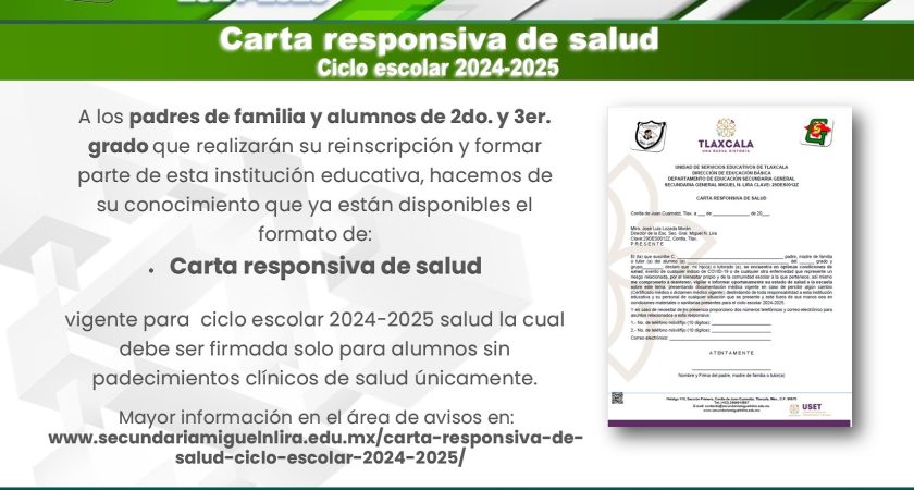 Carta responsiva de salud – Ciclo escolar 2024-2025