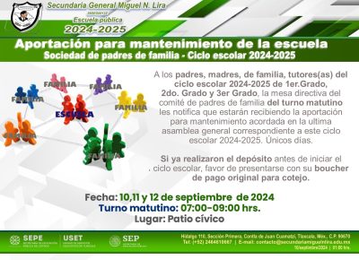 Aportación para mantenimiento de la escuela – Sociedad de padres de familia 2024-2025