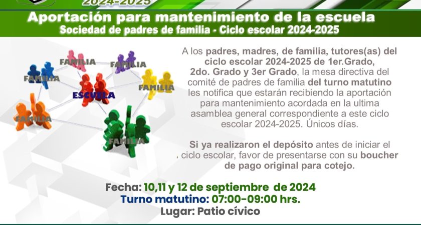 Aportación para mantenimiento de la escuela – Sociedad de padres de familia 2024-2025