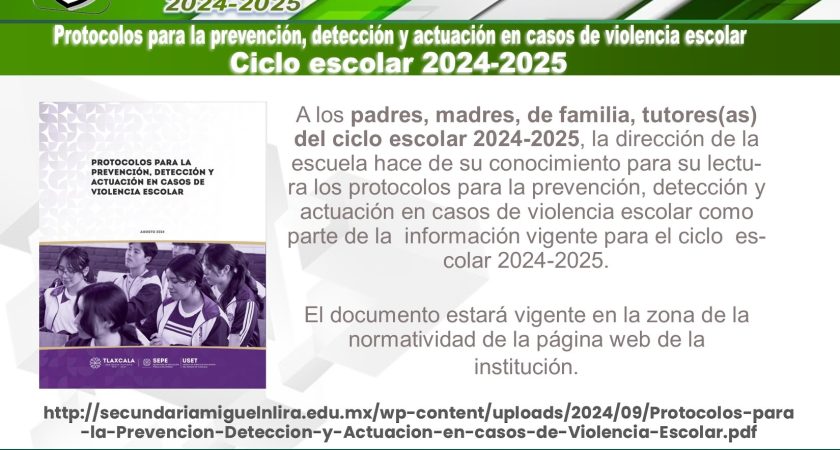 Protocolos para la prevención, detección y actuación en casos de violencia escolar – Ciclo escolar 2024-2025