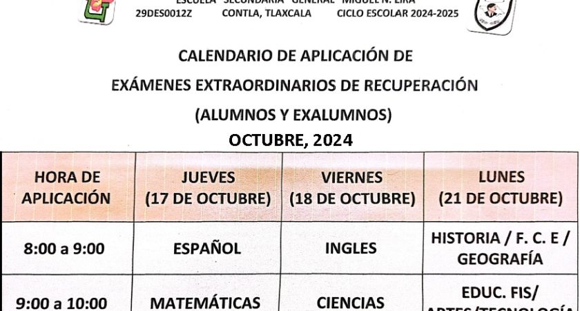 3er. Periodo de exámenes extraordinarios de regularicación Ciclo escolar 2023-2024