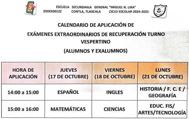 Calendario extraordinarios octubre vespertino